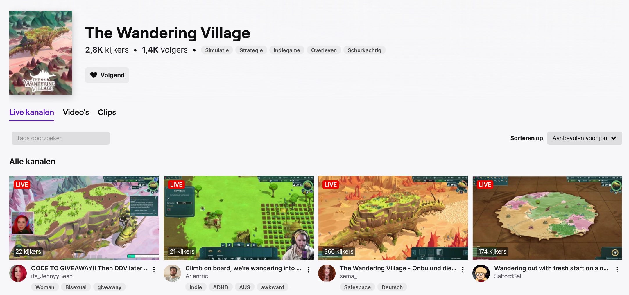 A Screenshot of the Twitch Category for The Wandering Village